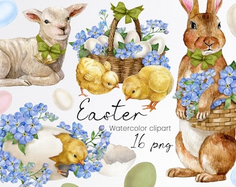 Watercolor easter clipart, Easter bunny clipart, egg basket, chick, spring holiday, cute lamb, white sheep,illustration,instant download,PNG