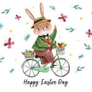 Clipart lapin de Pâques aquarelle - mignon lapin à vélo, Illustration numérique de printemps, carte de Pâques imprimable, vacances vintage Art PNG