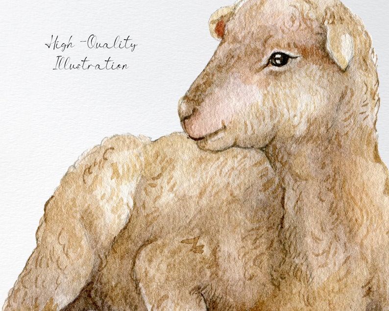 May include: A watercolor illustration of a brown lamb with fluffy fur. The lamb is looking to the right and has a soft, gentle expression.