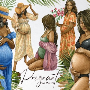 Clipart femme noire africaine enceinte, illustration aquarelle de grossesse, clipart fête des mères, clipart maman mode estivale, clipart baby shower, PNG