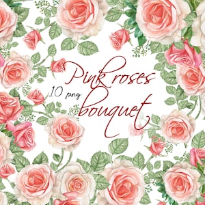 Aquarell rosa Rose Blume Clipart, Pastell rose Blumenstrauß, Blumenrand, digitale Brautsträuße, Vintage Rosen Clipart, Sofortiger Download, PNG