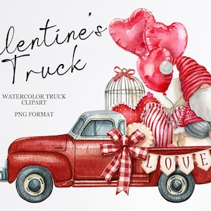 Valentine gnome truck clipart,Watercolor Valentine&#39;s Day,Heart balloons,Love wedding car graphics,instant download,Sublimation,digital,PNG