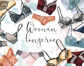 Aquarel lingerie clipart, mode geregen bh's, slipje, vrouw meisje kant sexy lingerie. Mode ondergoed illustratie, beha en slipje clipart