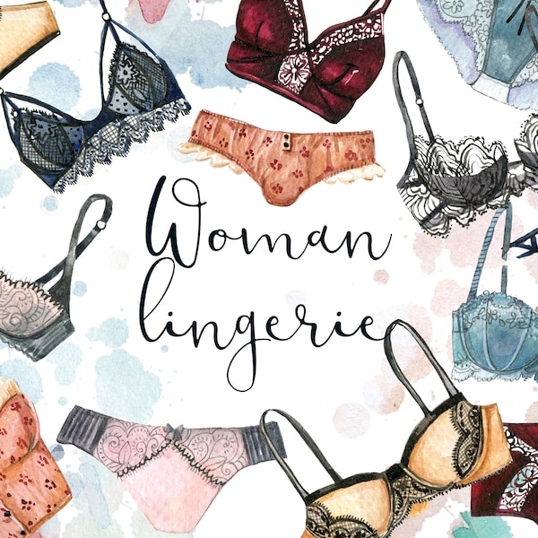 Watercolor lingerie clipart,fashion laced bras, panties,woman girl lace sexy lingerie.Fashion underwear Illustration,bra and panties clipart