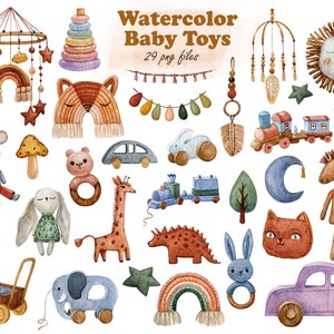 Brinquedo para bebê em aquarela, clipart de berçário Boho, clipart de brinquedo para bebê recém-nascido, png móvel. Acessórios para crianças, brinquedos para meninas, brinquedos para meninos, clipart de arco-íris PNG