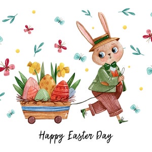 Clipart de Páscoa em aquarela, Cartão digital de coelho fofo, Ilustração de primavera pintada à mão, Saudação de Páscoa para impressão, Arte de coelho vintage