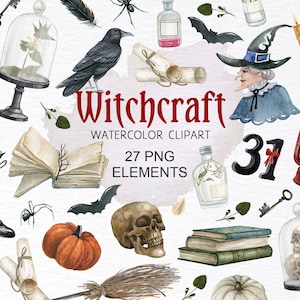 Gothic Halloween Watercolor Clipart – Raven, Skull, Spell Books and Witchcraft Potions, Dark Academia Mystical Art PNG