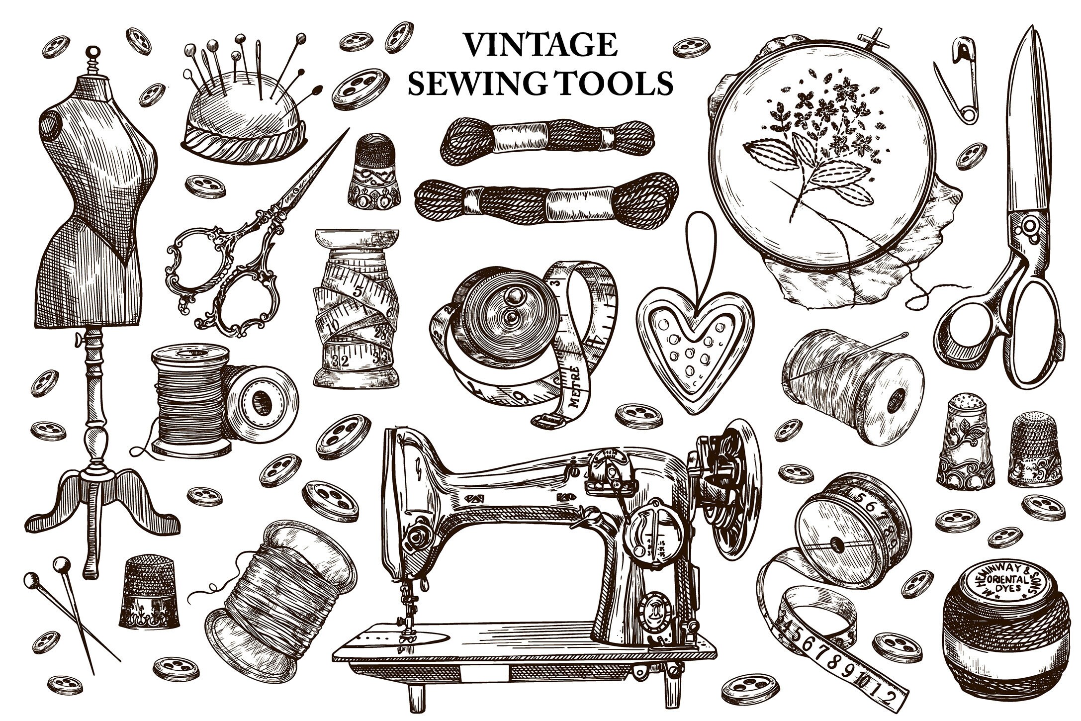 Sewing Illustrations Bundle, Hand Drawn Sewing Kit, Vintage Sewing