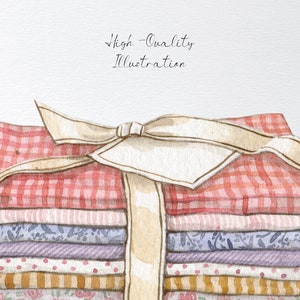 May include: A stack of fabric scraps in various patterns and colors, tied together with a white ribbon. The fabric includes red and white gingham, pink and white stripes, floral prints, and purple and white patterns.