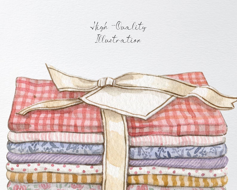 May include: A stack of fabric scraps in various patterns and colors, tied together with a white ribbon. The fabric includes red and white gingham, pink and white stripes, floral prints, and purple and white patterns.