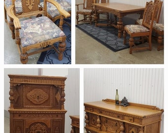 Antique 3 Piece Matching Carved Oak Furniture Set 6 Chairs
