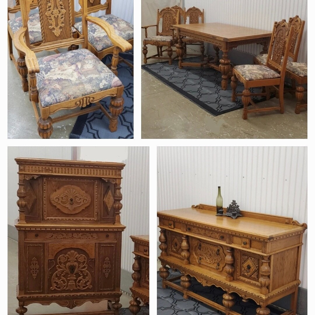 Antique 3 Piece Matching Carved Oak Furniture Set 6 Chairs