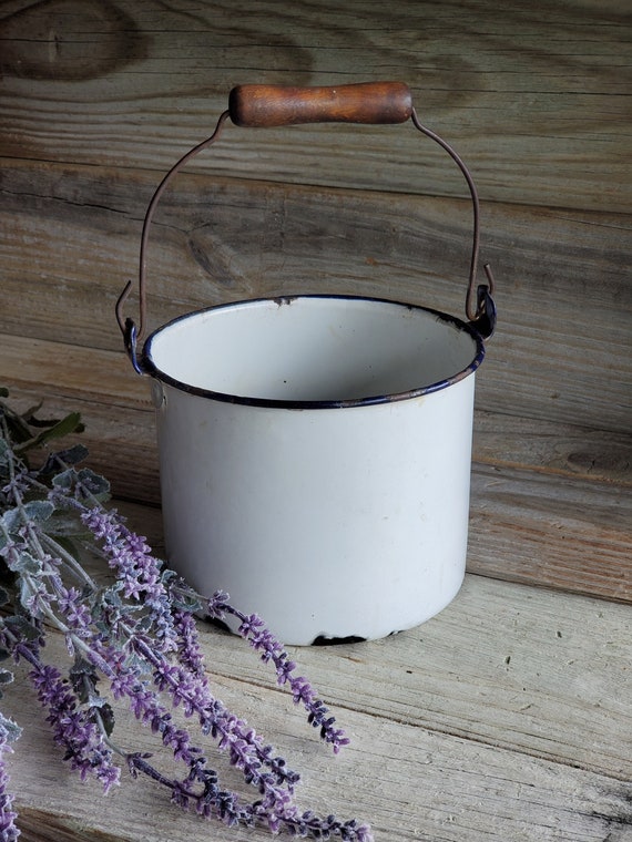 Vintage Enamel White Pot Enamel Pot With Handle Enamel Plant Etsy
