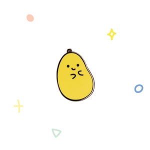 May include: A yellow enamel pin shaped like a pear with a cute cartoon face. The pear has a small stem and a closed-eye smile with a small heart shape inside.