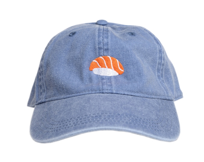 Embroidered Salmon Nigiri Hat | Custom Colors | Unisex | 6-Panel Adjustable Cap | Dad Hat | Sushi Hat | Unique Gift | Snippet Studios