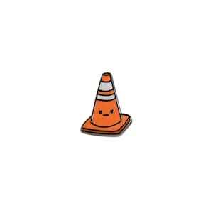 May include: A novelty enamel pin featuring an orange traffic cone design with a smiling face. The cone has white and black stripes and a black outline. A fun, quirky accessory.