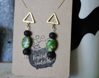 18k Gold plated Green Imperial Jasper and Black Agate or Lava Earrings, Crystal earrings, Handmade Gifts for Women