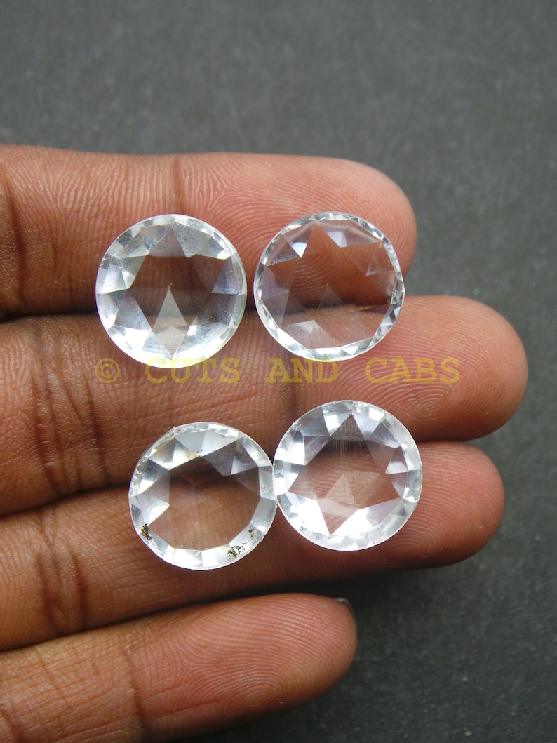 Rock Crystal Gemstone Cabochon-Rock Crystal Cabochon-Natural Rock Crystal Faceted Round Shape Cabochon-15 MM-4 Pcs-Wholesalegems-BS8748