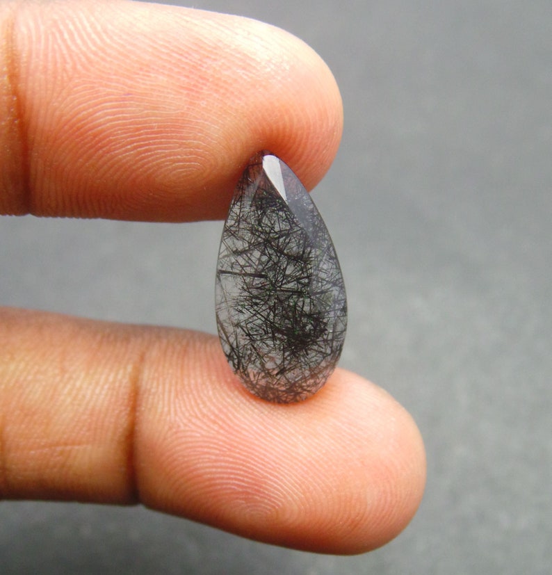 Black Rutilated Quartz Slices-Natural Black Rutilated Quartz Faceted Rose Cut Pear Shape Cabochon Slices-21x10.5x4 MM-Wholesalegems-BS8031