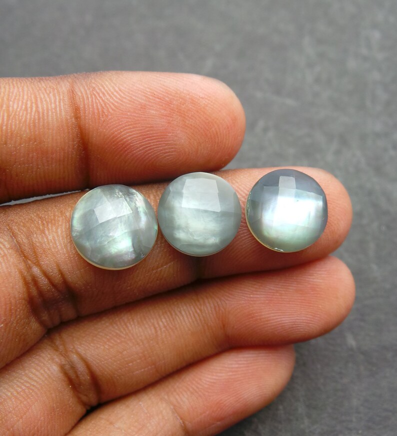 Mother Of Pearl Rock Crystal Doublet Cabochon-Pearl Rock Crystal Doublet-Natural Pearl Crystal Faceted Round Cabochon-12 MM-3 Pcs-BS12453