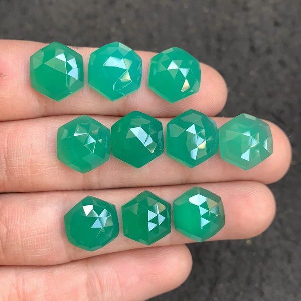 Natural Green Onyx Rose Cut Hexagon Shape Cabochons High Quality Gemstone For Jewelry Making Silversmith Size 11-12 MM- 10 Pieces- OS-9125