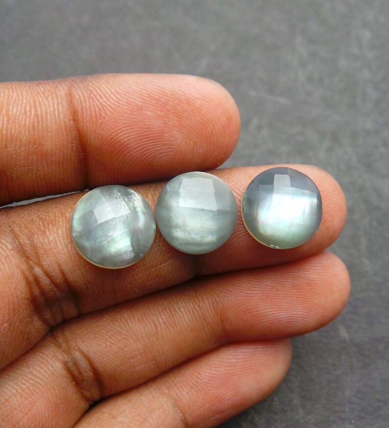 Mother Of Pearl Rock Crystal Doublet Cabochon-Pearl Rock Crystal Doublet-Natural Pearl Crystal Faceted Round Cabochon-12 MM-3 Pcs-BS12453
