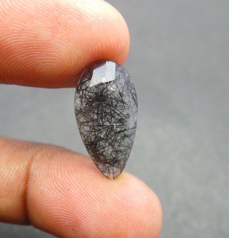 Black Rutilated Quartz Slices-Natural Black Rutilated Quartz Faceted Rose Cut Pear Shape Cabochon Slices-21x10.5x4 MM-Wholesalegems-BS8031