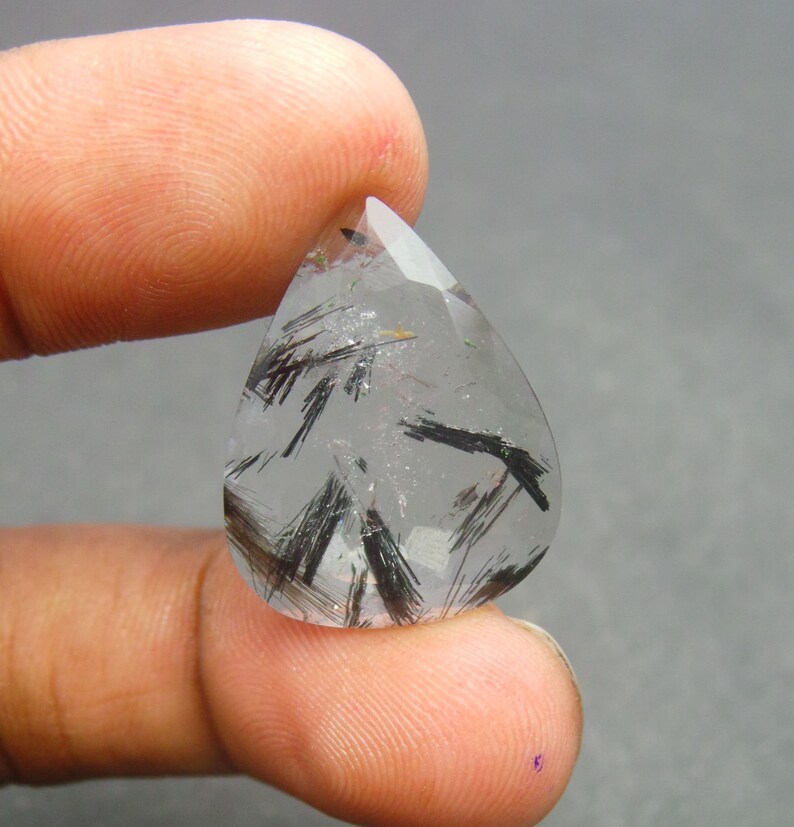 Black Rutilated Quartz Cut Stones-Rutilated Quartz Cut Stone-Natural Black Rutilated Quartz Faceted Cut Pear Gemstone-23x18x7.5 MM-BS8643