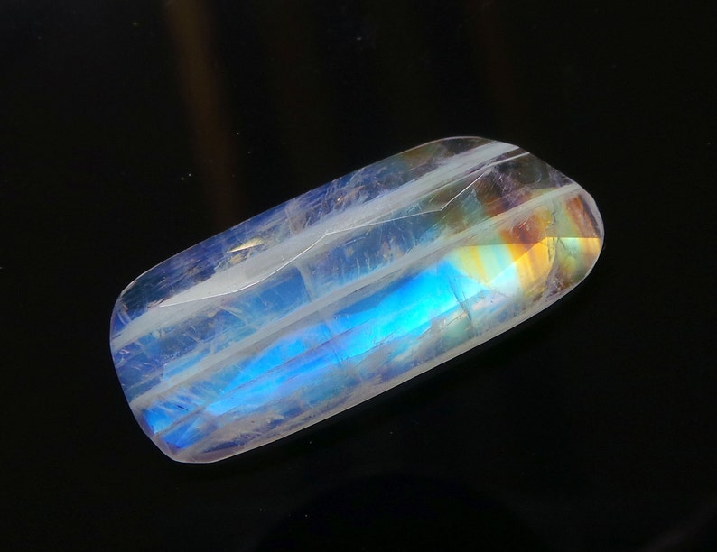 Rainbow Moonstone Cabochon-Moonstone Cabochon-Natural Rainbow Moonstone Faceted Fancy Cabochon Slices-32x14x5 MM-Wholesalegems-BS14906