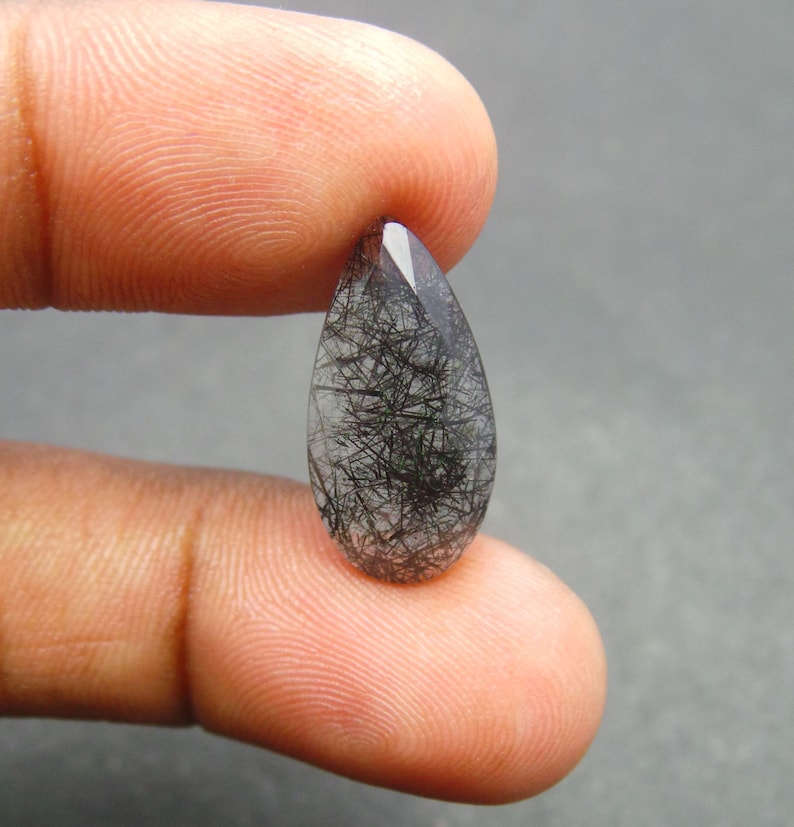 Black Rutilated Quartz Slices-Natural Black Rutilated Quartz Faceted Rose Cut Pear Shape Cabochon Slices-21x10.5x4 MM-Wholesalegems-BS8031