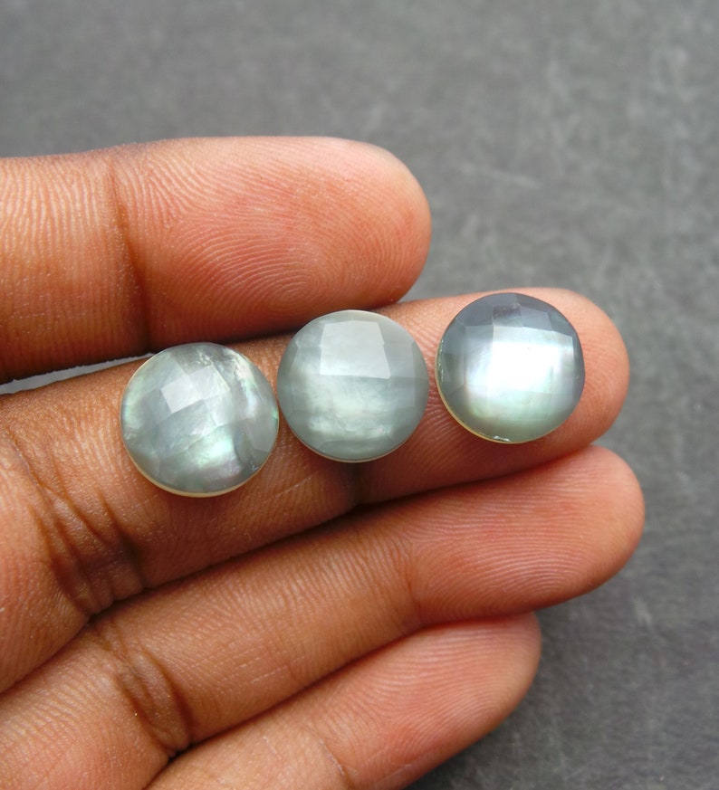 Mother Of Pearl Rock Crystal Doublet Cabochon-Pearl Rock Crystal Doublet-Natural Pearl Crystal Faceted Round Cabochon-12 MM-3 Pcs-BS12453