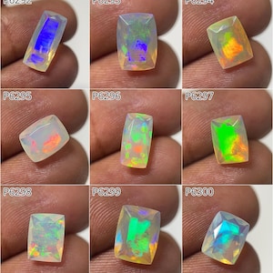 May include: Nine rectangular opal gemstones with iridescent colour flashes. Each stone has a unique pattern of blues, greens, oranges, and yellows. The gemstones are displayed against a neutral background.