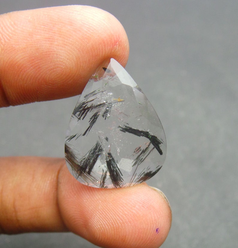 Black Rutilated Quartz Cut Stones-Rutilated Quartz Cut Stone-Natural Black Rutilated Quartz Faceted Cut Pear Gemstone-23x18x7.5 MM-BS8643