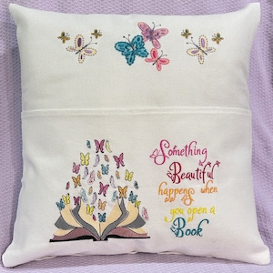 Embroidered Book Pillow, Reading Pillow, Bible Pocket Pillow, Book Lover,  Butterfly Pillow, Gifts, Readers Pillow, Poem