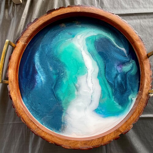 Large Ocean Round Wooden Resin Serving Tray with Gold shops Metal Handles and Rustic edges—Wedding, Housewarming, Birthday Gift!