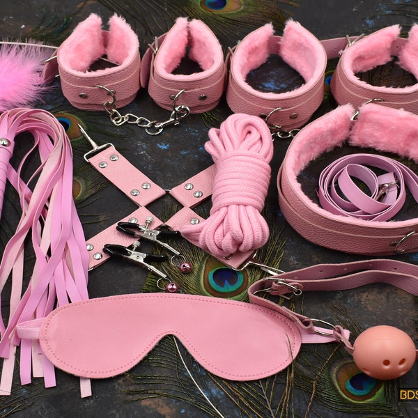 14 Stück Bondage BDSM Set Pink, Leder, Sexspielzeug, Peitsche, Fesseln, Manschetten, Knebel, Erwachsene, Seil