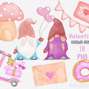 Valentine&#39;s Day Gnomes Clipart Bundle, Hand-drawn Watercolor Valentine&#39;s Clipart, Heart , Love Letter,Mushroom,Scooter Digital Download.