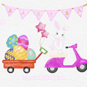 Easter Day Bunny Clipart Bundle, Hand-drawn Watercolor Vintage motorcycle , Star balloon , rabbit,trolley,Easter eggs , Digital Download.