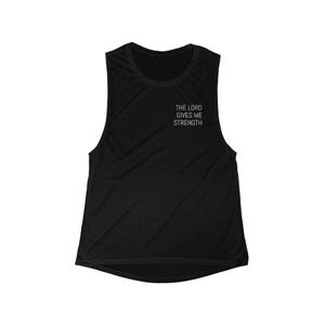 May include: Black sleeveless workout tank top with the text "THE LORD GIVES ME STRENGTH" printed in white. The tank top is made of a lightweight, breathable fabric, perfect for exercise or casual wear.