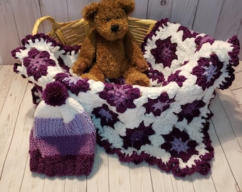 Handmade Baby blanket and hat set purple and white baby girl soft plush handmade crochet knit custom nursery afghan baby shower gift ready