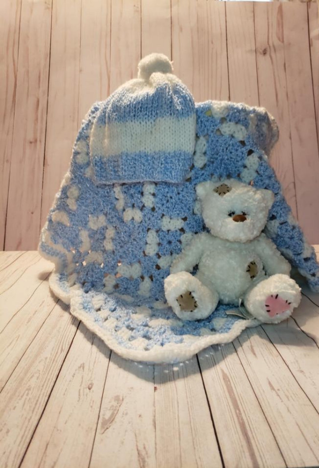 Handmade Baby Blanket and Hat Set Blue White Boy Baby Shower Gift Soft ...