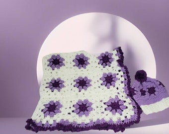 Puple baby blanket violet baby blanket and hat set crochet handmade afghan baby girl baby shower gift keepsake beautiful Lavender floral gir