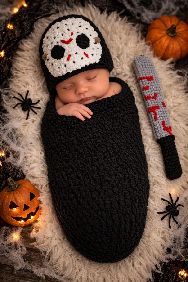 Puede incluir: Un beb&eacute; reci&eacute;n nacido envuelto en un capullo negro de ganchillo, con un gorro de m&aacute;scara de hockey blanco y negro. Un accesorio de arma gris y rojo de ganchillo y dos calabazas completan el tema de Halloween.