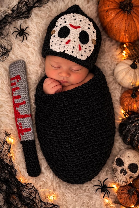 Halloween Baby Costume Slasher Cocoon Horror Newborn Photo Prop Crochet Mask Hat & Machete  Spooky Baby Outfit horror slasher camp photo pro
