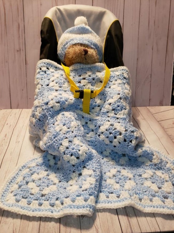 Handmade Baby blanket and hat set blue white boy baby shower gift soft  plush handmade crochet knit custom nursery afghan carseat cover boy