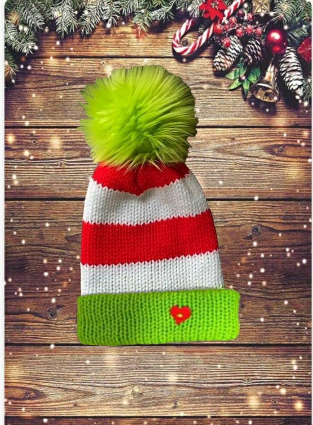 Grinch Knit Beanie Christmas Hat Large Pom Pom Fur Pom Grinch Hat Baby