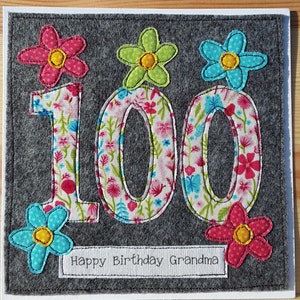 Personalised 100th Birthday card - female birthday - floral birthday - textile card - any age -fabric card - hand stitched OOAK - grandma