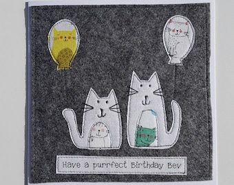 Carte d'anniversaire personnalisée faite main pour amoureux des chats - Carte d'anniversaire sur le thème des chats - Carte d'anniversaire chat - Carte d'anniversaire pour amoureux des chats - Carte en tissu