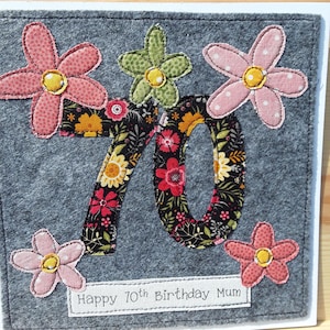 Handmade Personalised 70th Birthday card - female birthday - floral birthday - textile card - machine stitched - fabric card - hand stitched