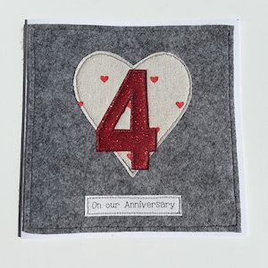 Our 4th Wedding Anniversary card - Linen - 4th Anniversary - for my husband - For my wife - Hand stitched - Textile card - Congratulations